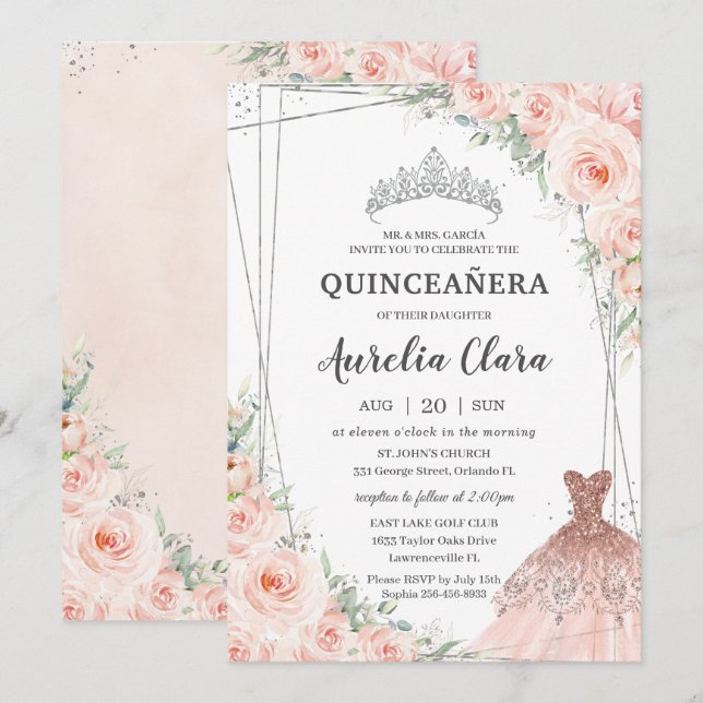 Invitation Robe princesse florale blanche en argent Quinceañe (Devant / Derrière)
