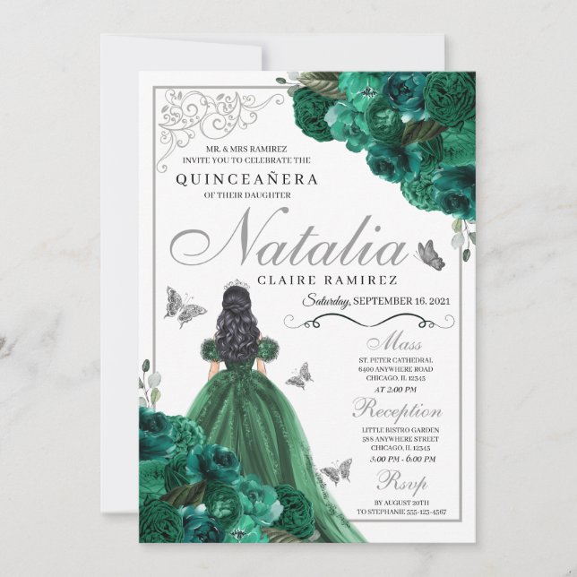 Invitation Robe princesse florale verte et argent Quinceanera (Devant)