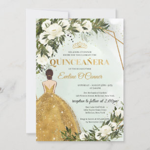 Invitation Robe princesse or verdure fleurie Quinceañera