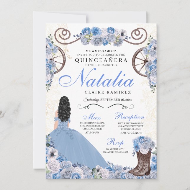 Invitation Robe princesse Ranchero bleu clair Quinceanera (Devant)