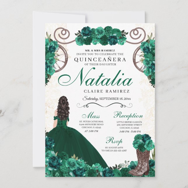 Invitation Robe princesse Ranchero verte Quinceanera (Devant)