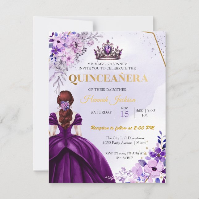 Invitation Robe princière à fleurs violettes Quinceanera (Devant)