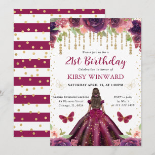 Invitation Robe prune princesse peau noire anniversaire