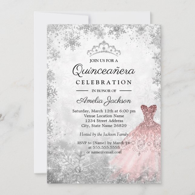 Invitation Robe rose argenté Flammes de neige Quinceanera d'h (Devant)