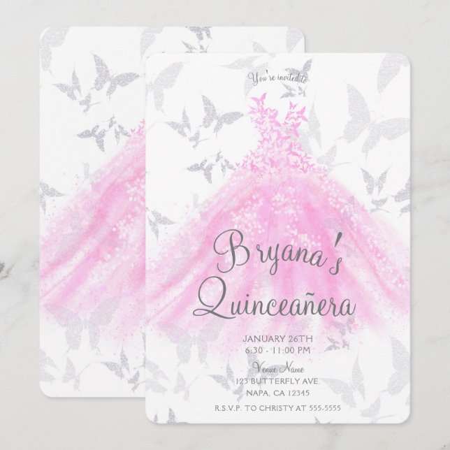 Invitation Robe rose Beurre Argent Danser Robe Quinceañera (Devant / Derrière)
