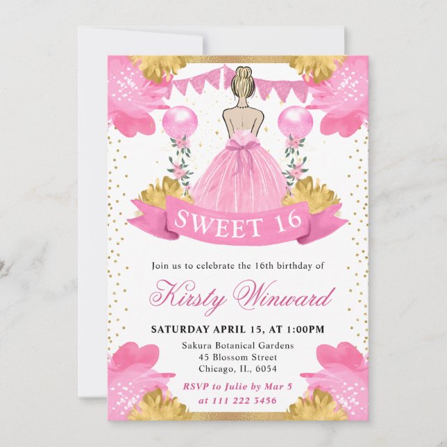 Invitation Robe rose Blonde Princesse Sweet 16 (Devant)