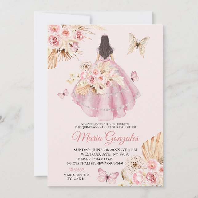 Invitation Robe rose Boho Papillon Floral Princess 15 Años (Devant)