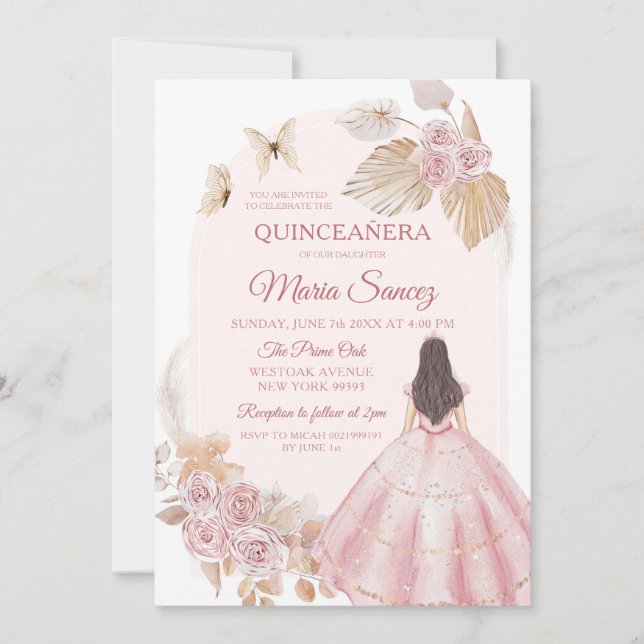 Invitation Robe rose Boho Princesse mexicaine Quinceañera (Devant)