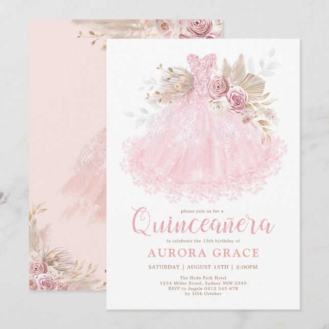 Invitation Robe rose Boho Quinceañera Mis Quince 15 Años (Devant / Derrière)