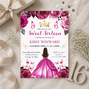 Invitation Robe Rose Chaud Princesse Brune Douce 16 Ans