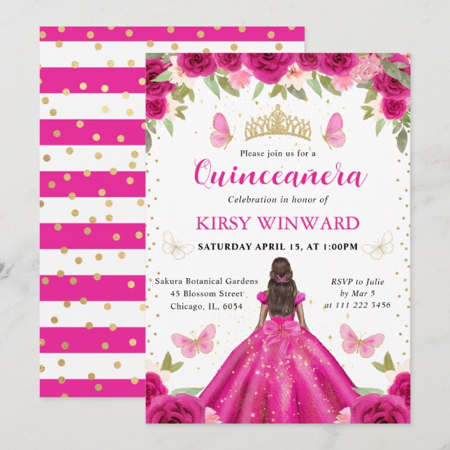 Invitation Robe rose chaude Peau foncée Princesse Quinceanera (Devant / Derrière)