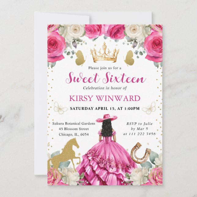 Invitation Robe rose Cheveux noir Western Princess Sweet 16 (Devant)