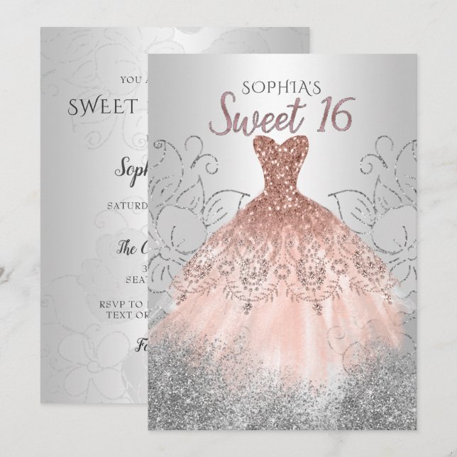Invitation Robe Rose d'argent or étincelante douce 16 anniver (Devant / Derrière)