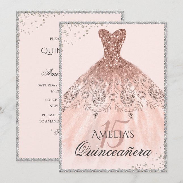 Invitation Robe Rose d'or en argent Éperche 15e Quinceanera (Devant / Derrière)