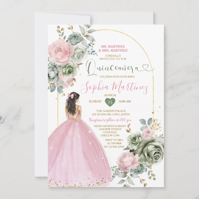 Invitation Robe Rose Dusty Robe Sage Floral Quiñceanera (Devant)
