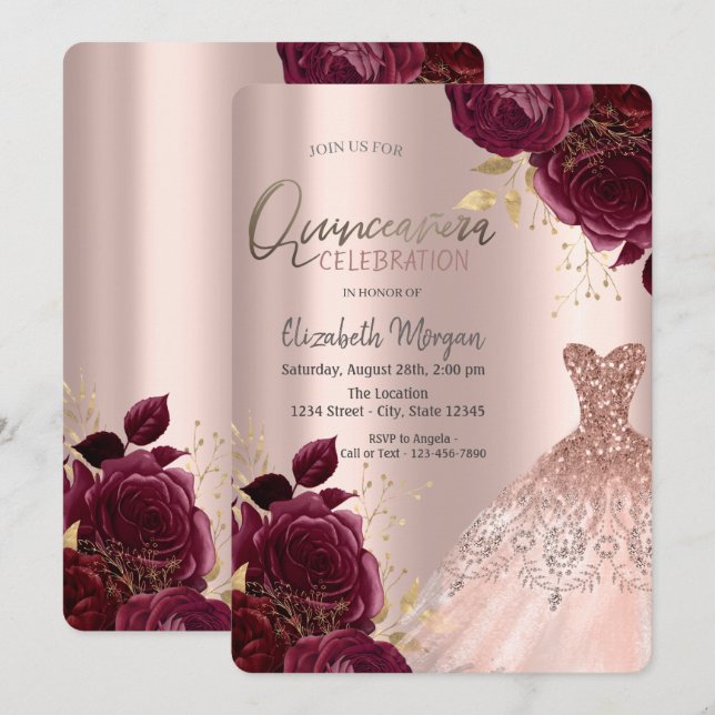 Invitation Robe Rose en or Fleurs Brarmdy Quinceañera (Devant / Derrière)