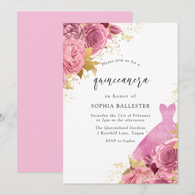 Invitation Robe rose et or étincelle Rose Quinceanera Party (Devant / Derrière)