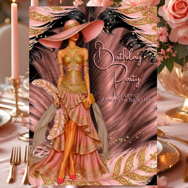 Invitation Robe rose exotique Or Pièce noire Anniversaire (Créateur téléchargé)