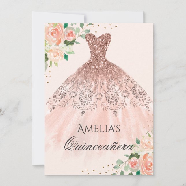 Invitation Robe Rose Florale or étincelante Quinceanera (Devant)