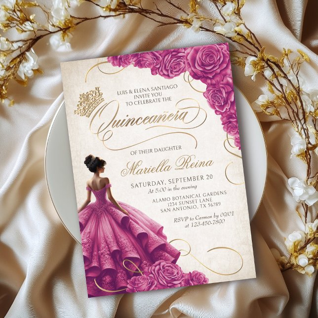 Invitation Robe rose Florale Quinceañera (Créateur téléchargé)
