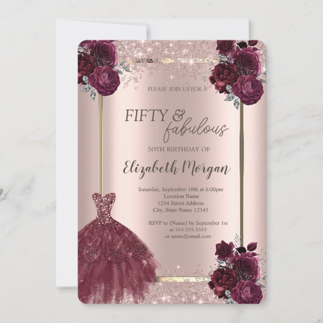 Invitation Robe Rose Gold Confetti Bourgogne Roses 50e (Devant)