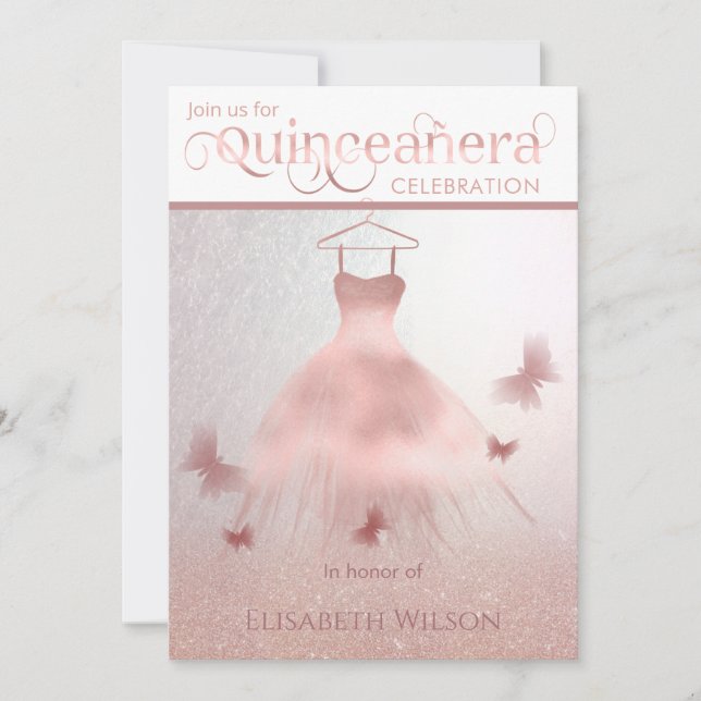 Invitation Robe rose moderne or brillant ombre Quinceañera (Devant)