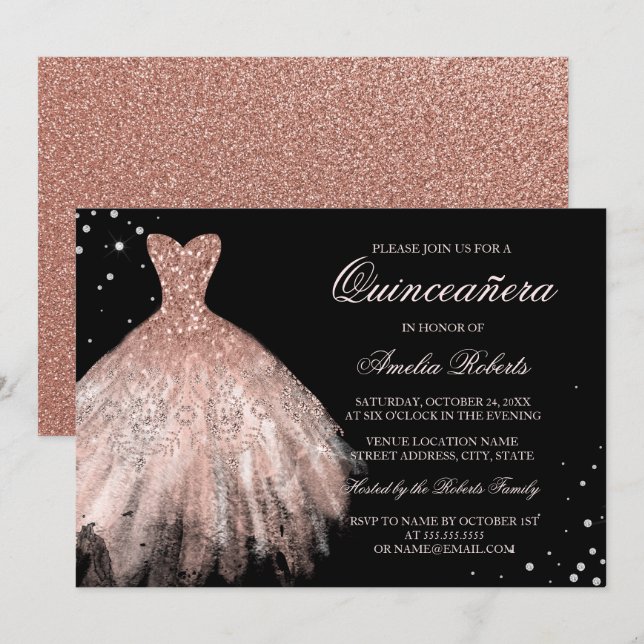 Invitation Robe Rose noir or étincelante Quinceanera Invitati (Devant / Derrière)