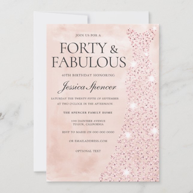 Invitation Robe rose or 40 & Fabuleux 40e anniversaire (Devant)