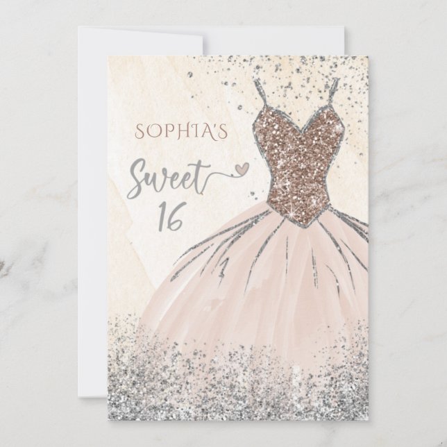 Invitation Robe rose or argent étincelante doux 16 anniversai (Devant)