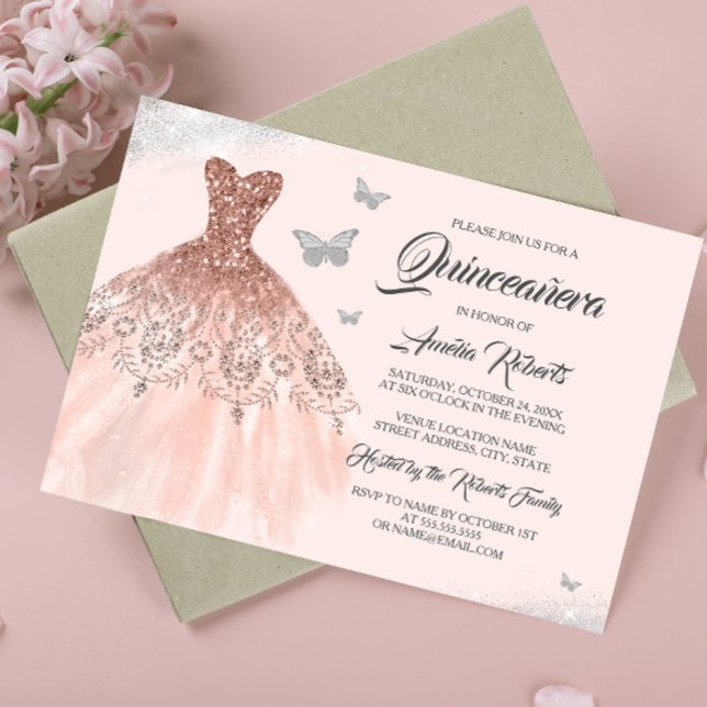 Invitation Robe Rose or argent étincelle Quinceanera (Créateur téléchargé)