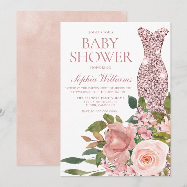 Invitation Robe rose or & Baby shower de Fleurs Roses Bleues (Devant / Derrière)