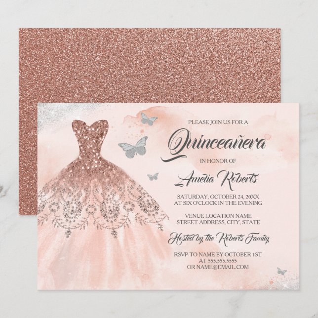 Invitation Robe rose or étincelante aquarelle Quinceanera (Devant / Derrière)