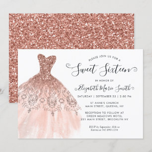 Invitation Robe Rose or étincelante douce 16e anniversaire