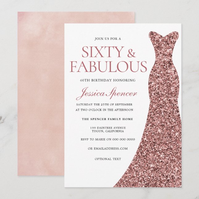 Invitation Robe rose or étincelante femmes 60e fête d'anniver (Devant / Derrière)