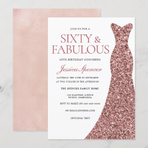 Invitation Robe rose or étincelante femmes 60e fête d'anniver