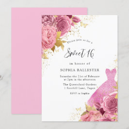 Invitation Robe rose & or Étincelle Rose Douce 16 Partie