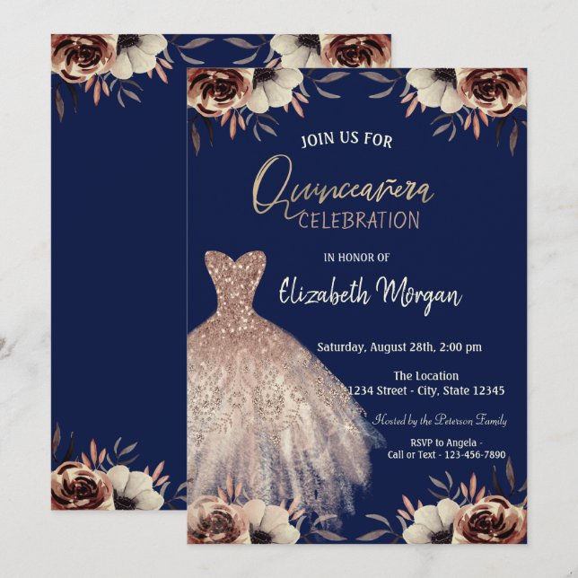 Invitation Robe rose or Fleurs Marine bleu Quinceañera (Devant / Derrière)