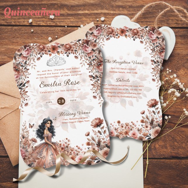 Invitation Robe rose or Quinceanera Roses floraux (Créateur téléchargé)