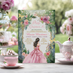Invitation Robe rose pâle Floral Princess Gold Mis Quince