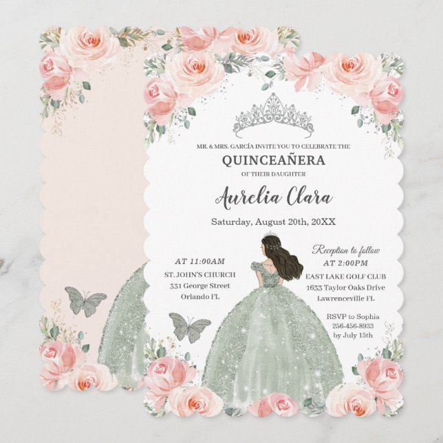 Invitation Robe rose pâle rose de Quinceañera Sage vert (Devant / Derrière)