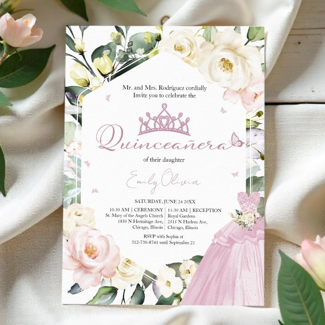 Invitation Robe rose Papillon Boho Cadre Floral Quinceañera (Créateur téléchargé)