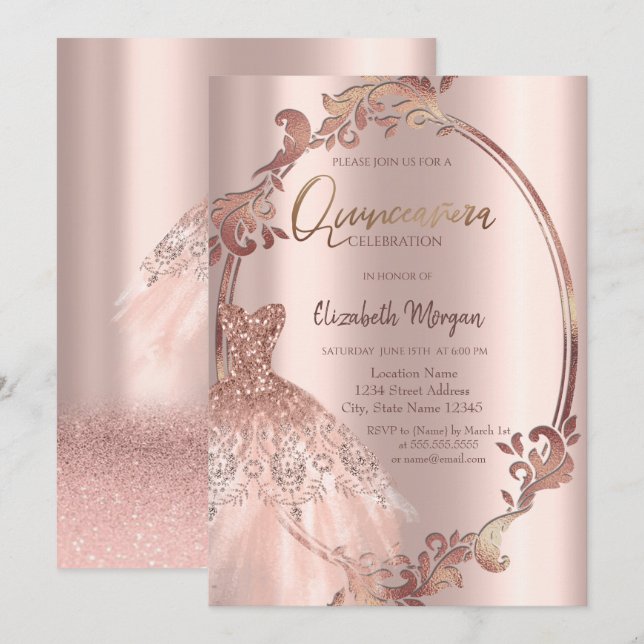 Invitation Robe Rose Parties scintillant en or Robe Quinceañe (Devant / Derrière)