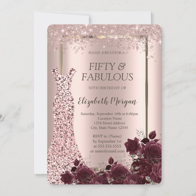 Invitation Robe Rose Parties scintillant or Bourgogne Rose 50 (Devant)
