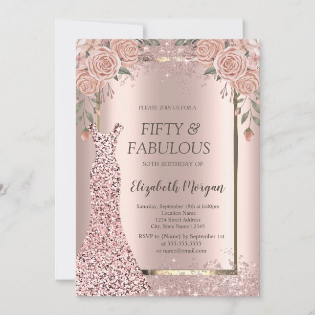 Invitation Robe Rose Parties scintillant or Fleurs Confetti 5 (Devant)
