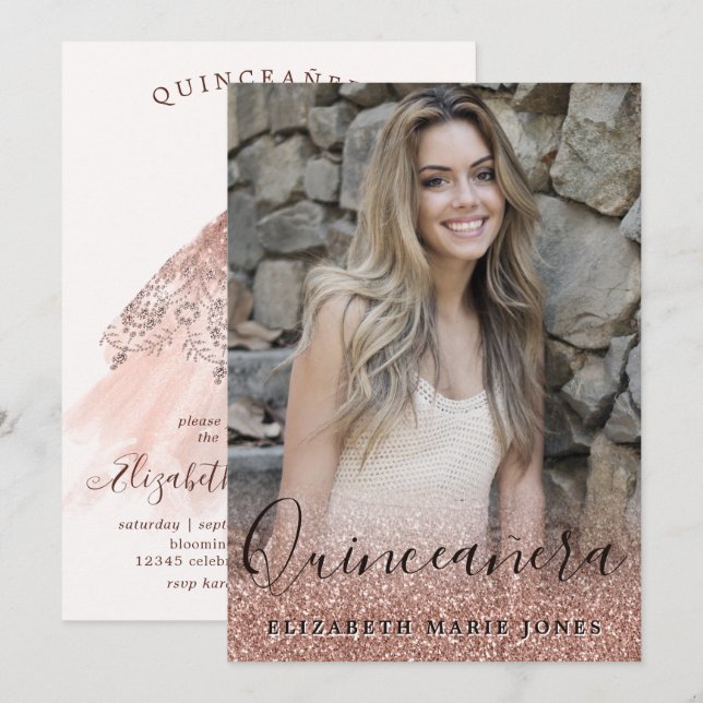 Invitation Robe rose Parties scintillant or photo QUINCEAÑERA (Devant / Derrière)