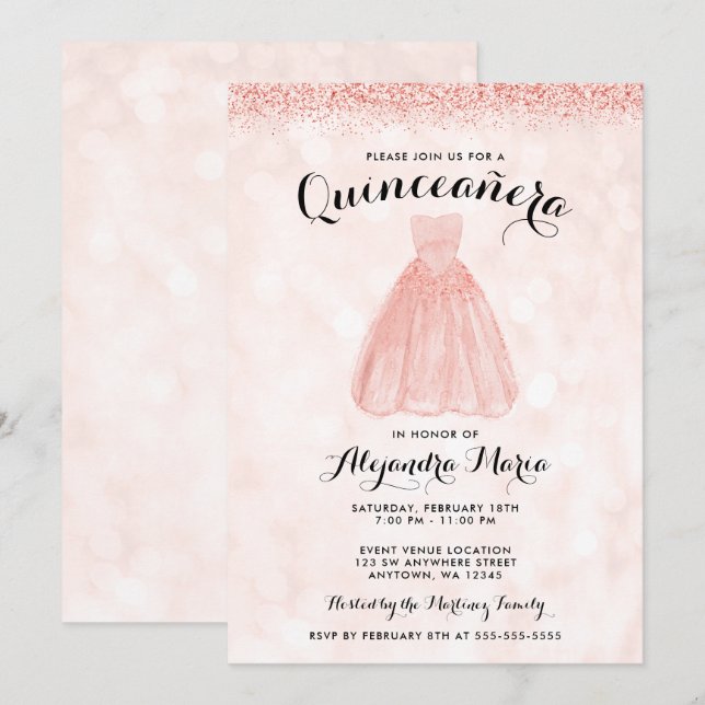 Invitation Robe rose Parties scintillant or Quinceanera Invit (Devant / Derrière)