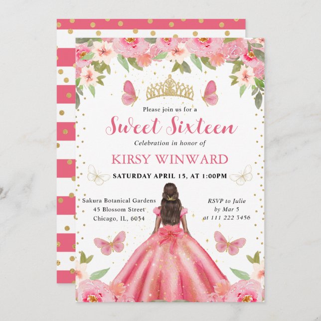 Invitation Robe rose Peau foncée Princesse Douce 16 (Devant / Derrière)