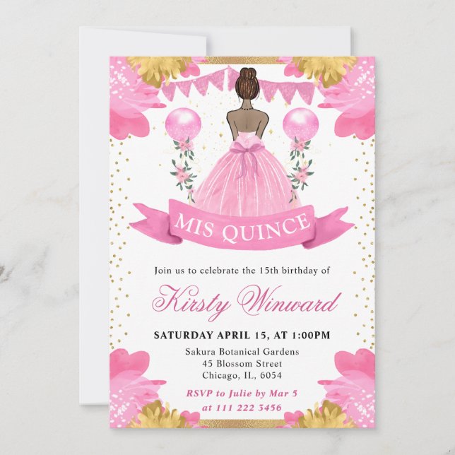 Invitation Robe rose Peau foncée Princesse Quinceanera (Devant)