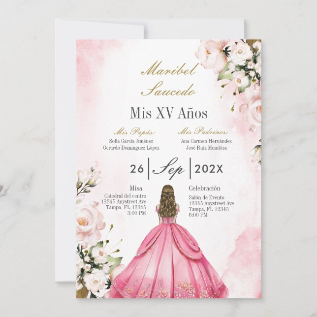 Invitation Robe rose quinceañera (Devant)