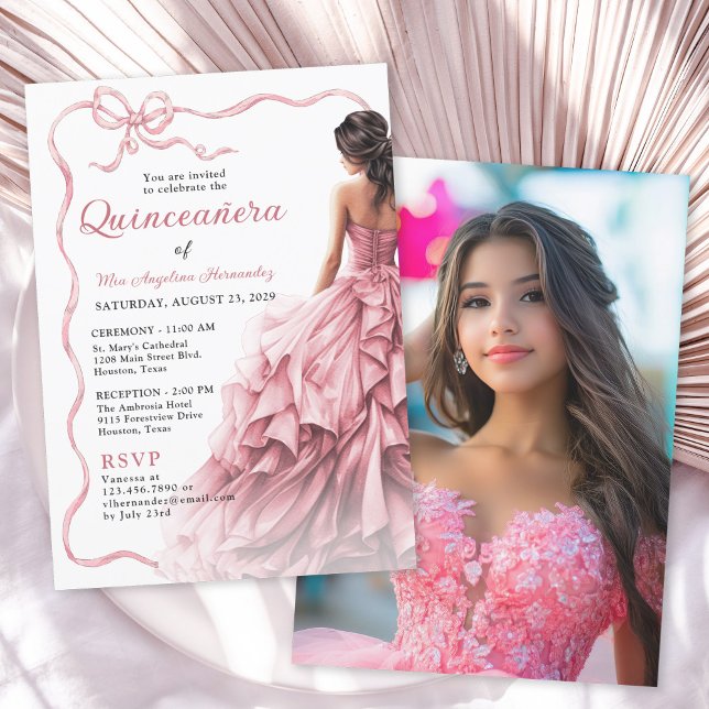 Invitation Robe rose Quinceañera Casquette à ruban photo (Available in both printed and instant download digital formats.)